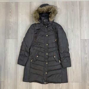 Michael Kors Down Puffer Jacket Parka Faux Fur Hood Black Women's Large Coat